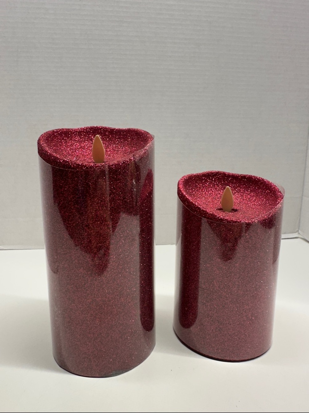 Luminara Red Glitter Flameless Flicker Candle Pillar Christmas Holiday Set of 2